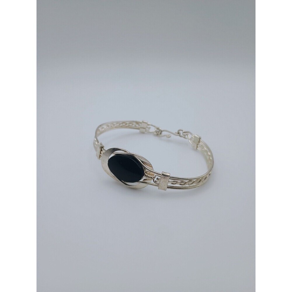 Vintage Mexico Handcrafted Twist Silver Plated Black Onyx Fashion Bracelet